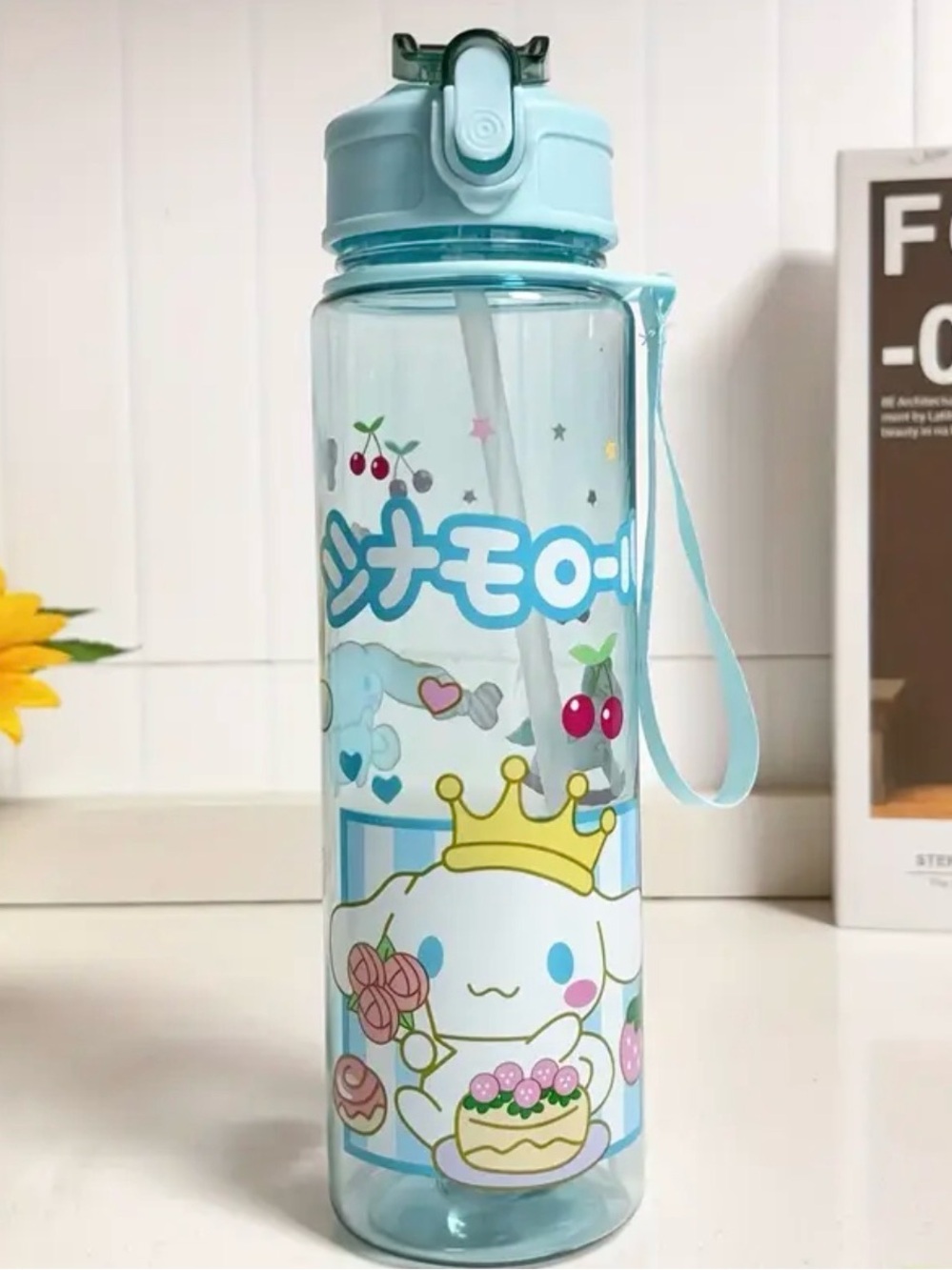 Cinnamoroll Flip Straw Water Bottle with Carry Strap – 30 oz